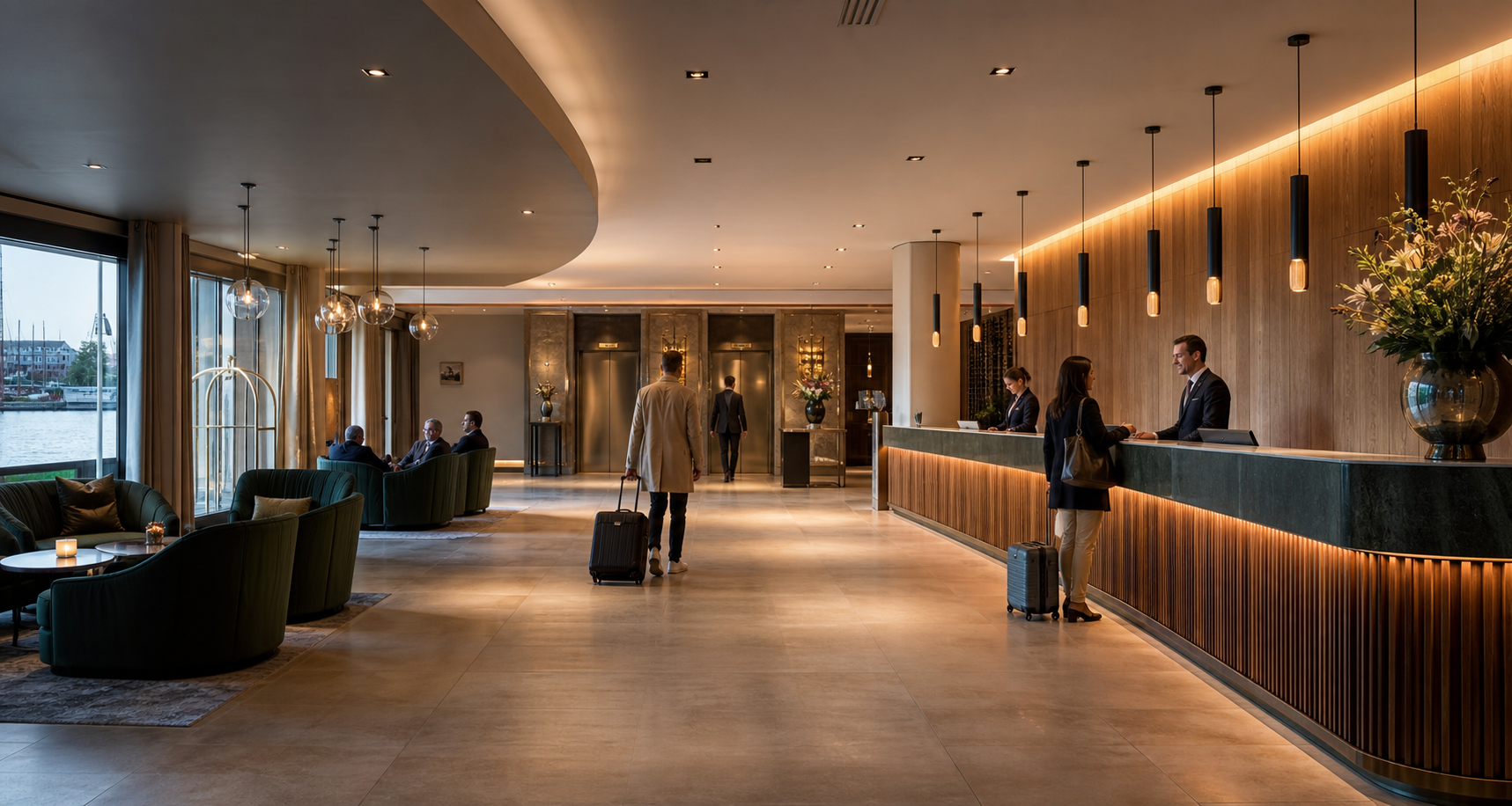 Ruime receptie en lobby van het fictieve Hotel Kade 9